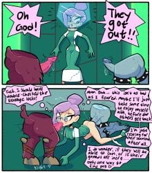 1girls 2_panel_comic 2boys 2koma ambiguous_penetration blightstar blush comic cornered dialogue disembodied dr._sonderbar dress_up english_text fellatio female first_porn_of_character first_porn_of_franchise glasses_askew goat goat_penis helmet helmet_removed hooves human humanoid_penis lower_body mad_scientist male monster_lab_(game) purple_eyes purple_hair speech_bubble spitroast suprised tagme thought_bubble threesome tight_clothing