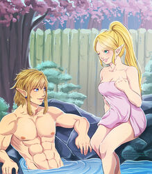 abs ariettys bath_towel blonde_hair breath_of_the_wild cleavage crown_braid female hot_spring hylian link link_(breath_of_the_wild) long_hair pointy_ears princess_zelda the_legend_of_zelda towel zelda_(breath_of_the_wild)