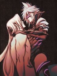 2boys 2d 2d_(artwork) chocobowings clothed cloud_strife femboy gay imminent_sex male male_only sephiroth sitting_on_lap twink white_hair yaoi