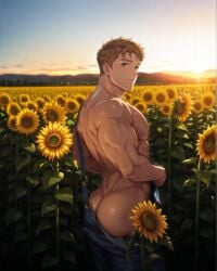 1boy ai_generated ass bara blonde_hair camp_buddy green_eyes male male_focus muscular muscular_male outdoors overalls_pull rogerseva_ai solo sunflower sunflower_field topless_male yoshinori_nagira
