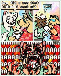 3_panel_comic 4_fingers abstract_background aloha_shirt anthro artist_name attack beverage blood bodily_fluids bone canid canine canis cigarette clothing coffee container cup desmond_(rawdawgcomics) dialogue digital_media_(artwork) domestic_cat domestic_dog duo english_text exposed_bone exposed_skull eyewear face_melting felid feline felis fingers gore hat headgear headwear hi_res male mammal melted_skin melting_flesh mug open_mouth pain pattern_clothing pattern_shirt pattern_topwear rawdawgcomics rawdawgcomics_(series) screaming shirt skull smoking stahli_(rawdawgcomics) sunglasses text topwear
