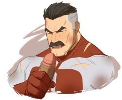 1boy bara black_hair closed_eyes commentary_request erection facial_hair fade_(haircut) grey_hair handjob highres imminent_fellatio invincible_(series) male_focus moustache omni-man open_mouth penis ryker solo_male superhero_costume swept_bangs torn_clothes white_background