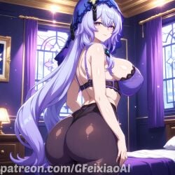 ai_generated bed big_ass big_breasts black_legwear black_swan_(honkai:_star_rail) bra breasts detailed_background female honkai:_star_rail honkai_(series) hoyoverse light looking looking_at_viewer looking_back mihoyo pantyhose patreon_username purple shiny standing