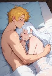 ai_generated bed jaune_arc long_hair rwby shiny_hair shiny_skin tagme weiss_schnee white_hair