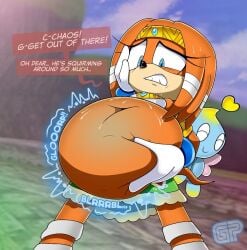 after_vore anthro belly big_belly bodily_fluids chao_(sonic) chaos_(sonic) dialogue duo female goldenpieces hi_res male male/female oral_vore sega sonic_(series) sonic_adventure sonic_the_hedgehog_(series) speech_bubble stomach_bulge sweat tikal_the_echidna unwilling_pred vore