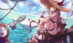 admiral_bahroo anklet ass bangs bare_shoulders beach beachball bikini bird blue_eyes blue_sky blush breasts choker cloud day dutch_angle eating female food fruit hat holding_food horizon ice_cream innertube jewelry long_hair looking_at_viewer nail_polish ocean outdoors popsicle ribbon sandals seagull shell sitting sky solo straw_hat sun sun_hat swimsuit tagme thigh_strap toes very_long_hair water watermelon