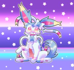 balls bodily_fluids bondage bondage_gear bound colorful_background eeveelution fan_character feral fur gag genitals hi_res knot male male_only male_sylveon multicolored_body multicolored_fur nintendo penis pokémon_(species) pokemon scorbunny_(artist) shiny_pokémon solo solo_male star sweat sweatdrop sylveon video_games watermark