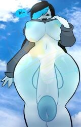big_breasts breasts dialogue futa_focus futa_only futanari goth half-dressed half-erect huge_cock looking_at_viewer low-angle_view no_pants original_character penis_to_the_knees white_skin