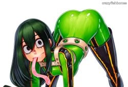 ai_generated ass asui_tsuyu bodysuit breasts crazyfishbones female green_hair long_hair looking_at_viewer my_hero_academia solo white_background