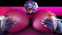 16:9 3d activision anthro big_breasts bodily_fluids breast_milking breasts claws cynder digital_media_(artwork) dragon female green_eyes hand_on_breast holding_breast horn lactating lactation looking_at_viewer looking_down low-angle_view milk mythological_creature mythological_scalie mythology nude open_mouth scalie slushiesoda smile solo spyro_the_dragon teeth tongue warfare_cynder warfare_machine widescreen