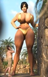 1boy 1girls 3d 3d_(artwork) barefoot big_breasts bigger_female bikini black_hair black_hair_female breasts camel_toe cameltoe clothed clothed_female clothed_male female female_focus giant_female giant_woman giantess gold_bikini height_difference large_boobs large_breasts larger_female light-skinned_female light-skinned_male light_skin looking_at_another male meiirii mini_giantess original original_character shorter_male size_difference smaller_male standing swimsuit tall_female tall_girl tall_woman taller_female taller_girl taller_woman thick_thighs thighs toples topless_male