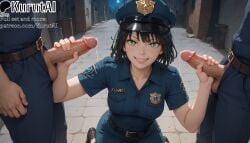 1girls 2boys ai_generated alley artist_name artist_signature black_hair blue_headwear breasts collarbone double_handjob erection fubuki_(one-punch_man) green_eyes grin group_sex handjob hat hi_res high_resolution highres kurutai looking_at_viewer medium_breasts mmf_threesome multiple_boys one-punch_man outdoors pants patreon peaked_cap penis penis_out police police_hat police_uniform policeman policewoman precum shirt short_hair smile solo_focus straight teeth testicles threesome uncensored uniform