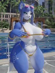 2025 3d_(artwork) absurd_res animal_print anthro areola bangle big_breasts bikini blue_body blue_eyes blue_fur blue_hair breasts camel_toe canid canine choker clothing colored_nails digital_media_(artwork) ear_piercing ear_ring exposure_variation eyewear eyewear_on_head female fingernails fox fur furry furry_ghosty gold_bikini hair hi_res hoop_ear_ring jewelry krystal krystal_(star_fox) leopard_print looking_at_viewer mammal multicolored_body multicolored_fur nails necklace nintendo piercing pink_areola pink_fingernails pink_nails poolside ring_piercing solo star_fox sunglasses sunglasses_on_head swimwear tail tattoo thick_thighs tribal tribal_tattoo two-piece_swimsuit two_tone_body two_tone_fur white_body white_fur