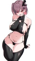 1girls arm_support bare_shoulders bikini black_bikini black_gloves black_horns black_nails black_shirt black_thighhighs blush breasts collarbone elbow_gloves female female female_only fingerless_gloves fingernails gloves goddess_of_victory:_nikke highres horns inner_thighs large_breasts looking_at_viewer medium_hair nail_polish navel o-ring one_side_up open_mouth pink_eyes pink_hair pubic_tattoo revision shirt side_ponytail sideboob simple_background single_horn smile solo stomach swimsuit tattoo teeth thighhighs thighs white_background ziroqon ziz_(nikke)