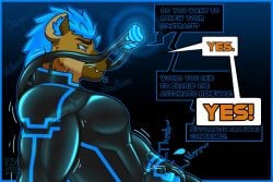 2025 anthro biped blue_eyes blue_hair bodily_fluids brown_body brown_fur brown_hair bullgator clothing dialogue drone dronesuit dronification edging english_text fur hair hand_on_bulge hi_res hyena hypnosis hypnotic_eyes hypnotic_visor latex latex_clothing latex_skinsuit lock_bulge lock_symbol lying male mammal masturbation mind_control null_bulge pecs shaking shivering simple_background skinsuit solo spiral_eyes spotted_hyena sweat sweatdrop teasing text tight_clothing tilde_after_text
