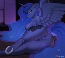 alicorn anthro anus areola ass bedroom_eyes blue_body blue_hair breasts cutie_mark digital_media_(artwork) equid equine feathered_wings feathers female friendship_is_magic fur genitals hair half-closed_eyes hasbro hooves horn lentilghost looking_at_viewer lying mammal membrane_(anatomy) membranous_wings my_little_pony mythological_creature mythological_equine mythology narrowed_eyes nipples nude on_side presenting presenting_anus presenting_hindquarters presenting_vulva princess_luna_(mlp) pussy seductive smile solo tail vulva wings