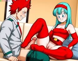 1boy 1girls ai_generated aqua_hair bare_shoulders blue_eyes boku_no_hero_academia bra_(dragon_ball) bra_briefs bridal_gauntlets choker couch crop_top crossover dizbabes dragon_ball dragon_ball_gt earrings eijirou_kirishima elbow_gloves erection female fingerless_gloves footjob gloves grin hairband living_room long_hair midriff miniskirt my_hero_academia no_panties pants pants_down pussy red_gloves red_hair red_hairband red_thighhighs school_uniform sitting smile spiked_hair spread_legs stable_diffusion thigh_highs thighhighs tie u.a._school_uniform