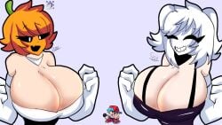 2girls aged_up big_breasts boyfriend_(friday_night_funkin) female friday_night_funkin genderswap genderswap_(mtf) huge_breasts mask newgrounds only_female orange_hair pump_(srpelo) rule_63 skid_(srpelo) spooky_month white_background white_hair youtube