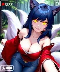 ahri ahri_\(league_of_legends\) ai_assisted ai_generated animal_ears artist_request bangs bare_shoulders blue_pants breasts cleavage collarbone denim facial_mark female fox_ears fox_girl fox_tail freckles glowing glowing_eyes korean_clothes large_breasts league_of_legends long_hair looking_at_viewer multiple_tails off_shoulder outdoors pants parted_lips selfie slit_pupils smile solo tail viewfinder whisker_markings wide_sleeves yellow_eyes