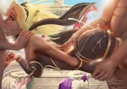 1girls 2018 2boys arm_grab ass balls balls_deep bent_over blonde_hair breasts cleavage clothed clothed_female_nude_male clothed_sex cum dark-skinned_female dark_skin deepthroat fellatio female gangbang gravity_rush kat_(gravity_rush) long_hair male nipples oral red_eyes sex side_view spitroast standing_sex straight sudkampsin testicles text threesome veins watermark