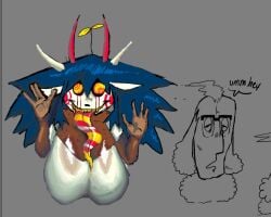 1boy 1girls big_breasts blue_hair breasts freckles freckles_on_breasts googly_eyes hands_against_wall horns large_breasts long long_tongue looking_at_viewer manjimutt puggerman940 spoon_(puggerman940) tagme yellow_teeth yo-kai_watch