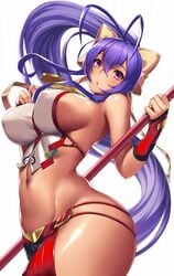 antenna_hair bangs bare_shoulders blazblue blazblue_remix_heart blue_hair blush bow breasts canon_genderswap commentary_request curvy female female_only fingerless_gloves floating_hair gloves groin hair_between_eyes hairbow hand_up highres holding holding_weapon large_breasts long_hair looking_at_viewer mai_natsume open_mouth ponytail purple_eyes ribbon shiny shiny_skin sideboob sidelocks skimpy skimpy_clothes skindentation solo solo_female takanashi-a thick_thighs very_long_hair weapon yellow_bow