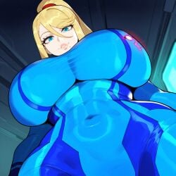 ai_generated beauty_mark big_breasts bimbo blonde_hair blue_eyes breasts clothing creamy_ai fully_clothed looking_at_viewer looking_down metroid nintendo samus_aran thick_thighs tight