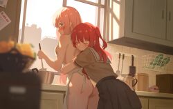 2girls ahoge apron apron_only arms_around_partner ass blue_eyes blush bocchi_the_rock! breasts closed_eyes color cooking depth_of_field embrace fully_clothed gotou_hitori hugging hugging_from_behind kita_ikuyo kitchen lighting long_hair looking_back milktea_(gggrrr2000) naked_apron partially_clothed pink_hair red_hair romantic romantic_couple sideboob skirt slight_blush smile wholesome yuri