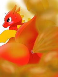 2023 anthro anus ass backsack balls big_butt blush blush_lines bodily_fluids dragon drain_scat embarrassed fart fart_cloud fart_fetish farting_at_viewer genitals hi_res lucky_(msi) male msi mythological_creature mythological_scalie mythology nervous nude open_mouth presenting presenting_anus rear_view red_body red_tail reptile scalie simple_background solo sweat tail teeth wings yellow_wings