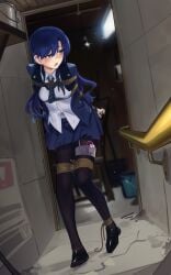 absurdres arms_behind_back black_pantyhose black_shoes blue_hair blue_jacket blue_necktie blue_skirt blurry blurry_background bound bound_arms bound_thighs breasts brown_eyes cad_(caddo) collared_shirt commentary commission diagonal-striped_clothes diagonal-striped_necktie english_commentary female full_body glint highres idolmaster idolmaster_(classic) indoors jacket kisaragi_chihaya long_hair long_sleeves necktie open_clothes open_jacket open_mouth pantyhose pleated_skirt rope second-party_source sex_toy shirt shoes skirt solo standing striped_clothes sweatdrop tape vibrator vibrator_cord vibrator_under_clothes walking white_shirt
