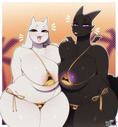 anthro asymmetrical_breast_frottage belly bikini black_body black_scales boss_monster_(undertale) bovid breast_squish breasts breasts_frottage caprine clothing crossover curvy_figure dragon drunkrussianman duo ender_dragon female female/female fur goat gold_bikini hi_res horn huge_thighs jean_(minecraft) mammal mature_female microsoft minecraft mojang mythological_creature mythological_scalie mythology overweight overweight_anthro overweight_female purple_eyes red_eyes scales scalie small_wings squish swimwear thick_thighs toriel two-piece_swimsuit undertale_(series) voluptuous_anthro voluptuous_female white_body white_fur wings xbox_game_studios