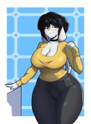 black_hair canine canis curvaceous curvaceous_female curvaceous_figure curvy curvy_figure curvy_hips dog_ears dog_tail domestic_dog female female_focus female_only furry furry_female furry_only glasses looking_at_viewer mochi_(jxzuke) mr_mapache original short_hair white_fur