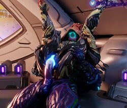 3d alien auramargaret blush bodily_fluids cum cum_in_pussy cum_inside duo female futanari genital_fluids genitals glowing glowing_genitalia glowing_pussy hi_res hildryn_(warframe) humanoid intersex intersex/female ivara_(warframe) leg_grab pussy spread_legs spreading tenno video_games warframe