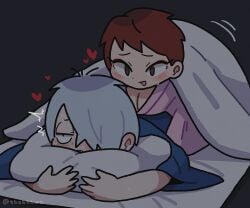 1boy 1futa blush brown_hair canon_couple chibi cleavage eyeshadow from_behind fti_crossgender futa_on_male futadom futanari gegege_no_kitarou hair_over_one_eye heart husband_and_wife implied_anal implied_futanari in_bed intersex iwako_(gegege_no_kitarou) kimono kitarou_tanjou_gegege_no_nazo looking_pleasured male malesub married_couple medama_oyaji_(human) no_visible_genitalia on_bed on_stomach pillow_grab pillow_hug short_hair smile tbsktbwa under_covers very_short_hair white_hair