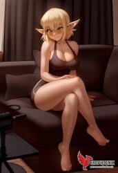 1girls 2d ai_generated ankama ass big_ass big_breasts black_shorts breasts cleavage elf erophoenix evangelyne feet female female_focus freckles full_body green_eyes indoors looking_at_viewer looking_back midriff navel nude pale_skinned_female panties patreon_username pointy_ears smile soles solo solo_female thick thick_thighs uncensored wakfu