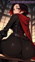 1girls 2025 ai_generated artist_name ass black_hair cameltoe cape corset electroworld female female_focus from_behind grey_eyes hi_res high_quality high_resolution highres hood indoors long_sleeves looking_at_viewer looking_back multicolored_hair on_desk patreon patreon_username red_cape red_hair ruby_rose rwby short_hair sitting solo stable_diffusion two-tone_hair watermark window