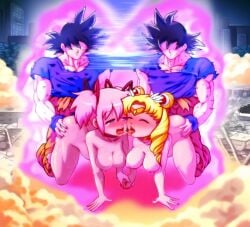 1boy 2girls 3rd_party_edit artist_request bishoujo_senshi_sailor_moon crossover crossover_pairing defeated dragon_ball edit edited fucked_from_behind fucked_into_submission group_sex madoka_kaname mahou_shoujo_madoka_magica rough_sex sailor_collar son_goku ultra_instinct