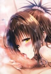 after_fellatio ai-generated bath blush cum cum_in_mouth cum_on_body cum_on_hair cum_on_tongue facial fellatio female gokkun highres oral penis poyo_poyo_k to_love-ru yuuki_mikan yuuki_rito