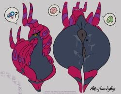 antennae_(anatomy) anus ass averysweatyboy badgengar big_butt black_eyes bodily_fluids exoskeleton eyelashes female feral generation_5_pokemon genital_fluids genitals grey_background grey_body looking_at_viewer markings nintendo pink_body pokemon pokemon_(species) presenting presenting_anus presenting_hindquarters presenting_pussy puffy_anus purple_markings pussy rear_view scolipede simple_background solo speech_bubble thick_thighs wide_hips yellow_sclera