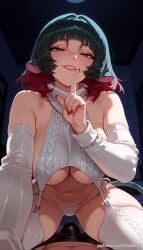 1boy ai_generated animal_ears balecxi bulge cowgirl_position detached_sleeves erection female finger_to_mouth garter_straps green_eyes index_finger_raised jane_doe_(zenless_zone_zero) large_breasts looking_at_viewer meme_attire multicolored_hair nail_polish navel pov red_hair red_nails ribbed_sleeves ribbed_thighhighs shushing sleeveless_turtleneck smile straight tail underwear virgin_destroyer_sweater white_panties white_sweater white_thighhighs zenless_zone_zero