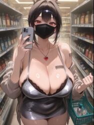 1girls ai_generated black_hair breasts d_(killer_wife)_(nikke) d_(nikke) female fingernails fit_female folded_ponytail goddess_of_victory:_nikke huge_breasts looking_at_viewer masked_female selfie shopping smartphone solo solo_female supermarket tattoo