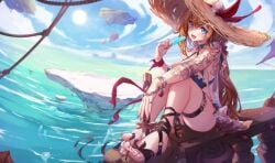 admiral_bahroo ass bangs bare_shoulders beach bikini blue_eyes blue_sky blush breasts choker cloud day eating female food hat holding holding_food horizon ice_cream long_hair looking_at_viewer ocean open_mouth outdoors popsicle ribbon sandals seagull sitting sky smile solo sun sun_hat swimsuit tagme thigh_strap toes very_long_hair water watermelon