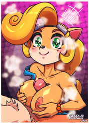 1boy 1girls activision alternate_breast_size anthro bandicoot between_breasts big_breasts blonde_hair blush blushing bracelet breasts coco_bandicoot crash_(series) crash_bandicoot crash_bandicoot_4:_it's_about_time ear_piercing earring furry_ears green_eyes green_eyeshadow happy incest large_breasts lipstick looking_at_viewer makeup marsupial naughty_dog nipples paizuri paizuri_lead_by_female paizuri_on_lap penis_between_breasts precum skajrzombie smile smiling starry_eyes straight