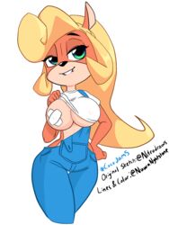 1girls anthro bandicoot big_breasts blonde_hair breasts cleavage coco_bandicoot crash_(series) crash_bandicoot_(series) erect_nipples green_eyes hourglass_figure lip_biting marsupial nipple_pasties nitro overalls pasties ponytail solo solo_female sweating thick_thighs transparent_background