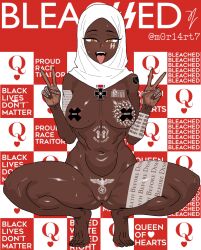 african_female alternate_version_at_source alternate_version_available bleached brown_eyes dark-skinned_female facing_viewer ghilan'nain_(game) hijab hijabi iron_cross m0r14rt7 mother_of_beasts_(game) muslim muslim_female nazi nigerian oc official_alternate_costume official_art open_mouth pubic_tattoo queen_of_hearts raceplay racism slur squatting tattoo tongue_out unusual_pupils white_tattoo yellow_pupils zainab_al-hashimi