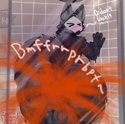 against_surface anthro anus anus_focus ass ass_on_glass backsack balls bathing big_anus big_butt black_body black_fur blush bodily_fluids canid canine canis changed_(video_game) dialogue digital_media_(artwork) english_text fart fart_cloud fart_fetish farting_at_viewer fur genitals genjii glass goo_creature hi_res huge_anus huge_butt hyper hyper_anus looking_at_viewer looking_back male mammal mask musk musk_clouds musky_balls musky_butt nude on_glass penis presenting presenting_anus presenting_hindquarters puffy_anus puro_(changed) rear_view shower showering solo sound_effects steam sweat sweaty_balls sweaty_butt sweaty_genitalia tail text thick_thighs water wet white_eyes wide_hips wolf