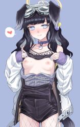 animal_ears bangs black_hair blue_archive blue_eyes blush breasts breasts_out camisole closed_mouth clothes_lift collar cowboy_shot dog_ears dog_girl dog_tags dog_tail female female fishnet_legwear fishnets goggles goggles_on_head hair_bobbles hair_ornament halo heart hibiki_(blue_archive) highres jacket kumadano lifted_by_self light_blue_eyes long_hair looking_at_viewer multicolored_clothes multicolored_jacket nipples no_bra pantyhose purple_collar purple_eyes small_breasts solo spoken_heart sweat tail twintails