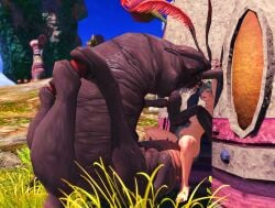 big_breasts breasts bug catgirl different_eye_color female final_fantasy_xiv gpose(ffxiv) gray_hair green_highlights insects miqo'te outdoors part_2 pinned_to_wall samantha_oconnor short_hair