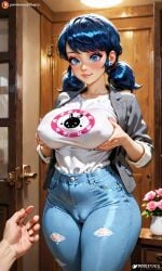 1girls ai_generated bare_arms blouse blue_eyes blue_hair blush cameltoe disney disney_channel earring eyebrows eyelashes eyeliner eyeshadow female hands_on_breasts hi_res jeans ladybug_(character) large_ass large_breasts looking_at_partner marinette_cheng marinette_dupain-cheng miraculous:_tales_of_ladybug_and_cat_noir miraculous_ladybug shirt_tucked_in smiling solo solo_female solo_focus standing t-shirt thick_thighs twintails waifufamily