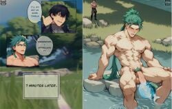 2boys abs ai_assisted bangs bara black_hair black_jacket blue_hair blurry blurry_foreground blush collarbone comic completel_nude earrings english_text erection fish grass green_hair hair_between_eyes jewelry jiyan_(wuthering_waves) large_pectorals long_hair male_focus male_only male_pubic_hair male_rover_(wuthering_waves) multiple_boys muscular nature navel navel_hair nipples nude open_mouth original outdoors partially_submerged pectorals penis ponytail pubic_hair rock rover_(wuthering_waves) shirt short_hair sitting smile solo_focus speech_bubble stomach teeth testicles thick_thighs thighs tree uncensored very_long_hair water wuthering_waves yaoi yaotashi yellow_eyes